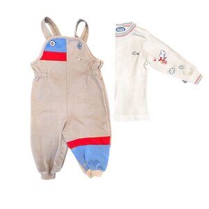2 Piece Vintage IZOD Lacoste Baby Outfit 6/9 M Overalls Sleeve Shirt Airplane